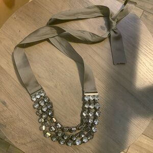 Crystal Statement Ribbon Necklace - gray